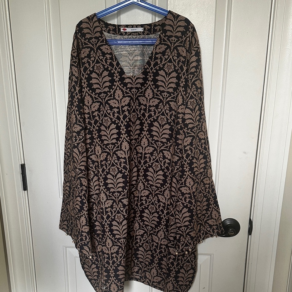 Khaadi Boho V-Neck Patterned Tunic Top - Black & Tan